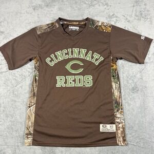 True Fan Mens Medium Cincinnati Reds MLB Jersey Brown Camo Performance V-Neck